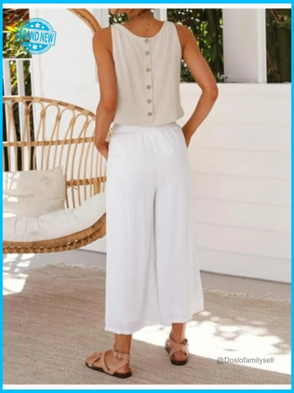 Linen Crop Tank Top Sleeveless High Neck Button Back Summer Beach Top Casual